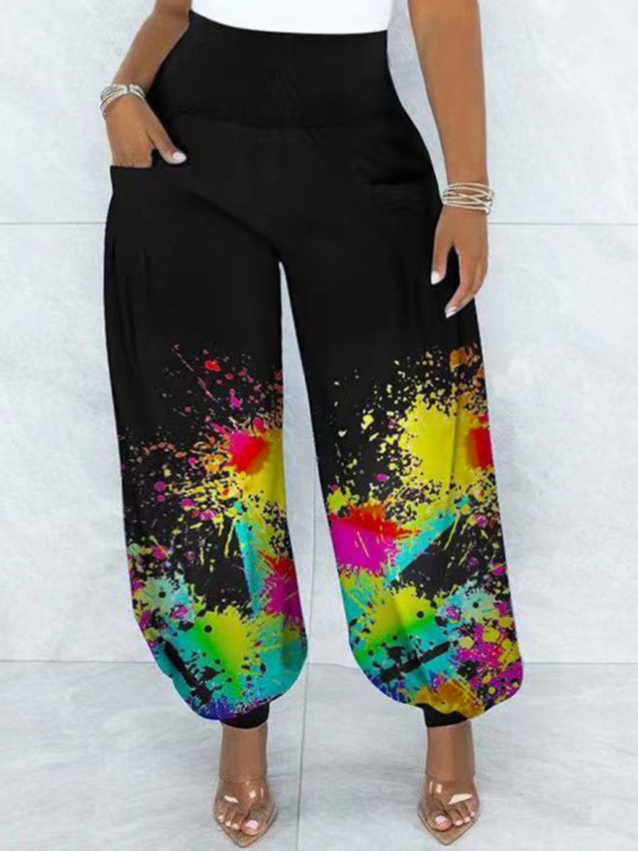 

LW Plus Size Splash Ink Print Pants, Black