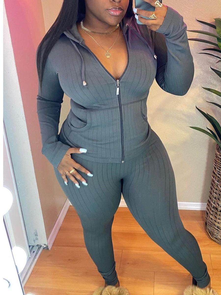 

LW BASICS Zipper Design Striped Skinny Tracksuit Set, Grey
