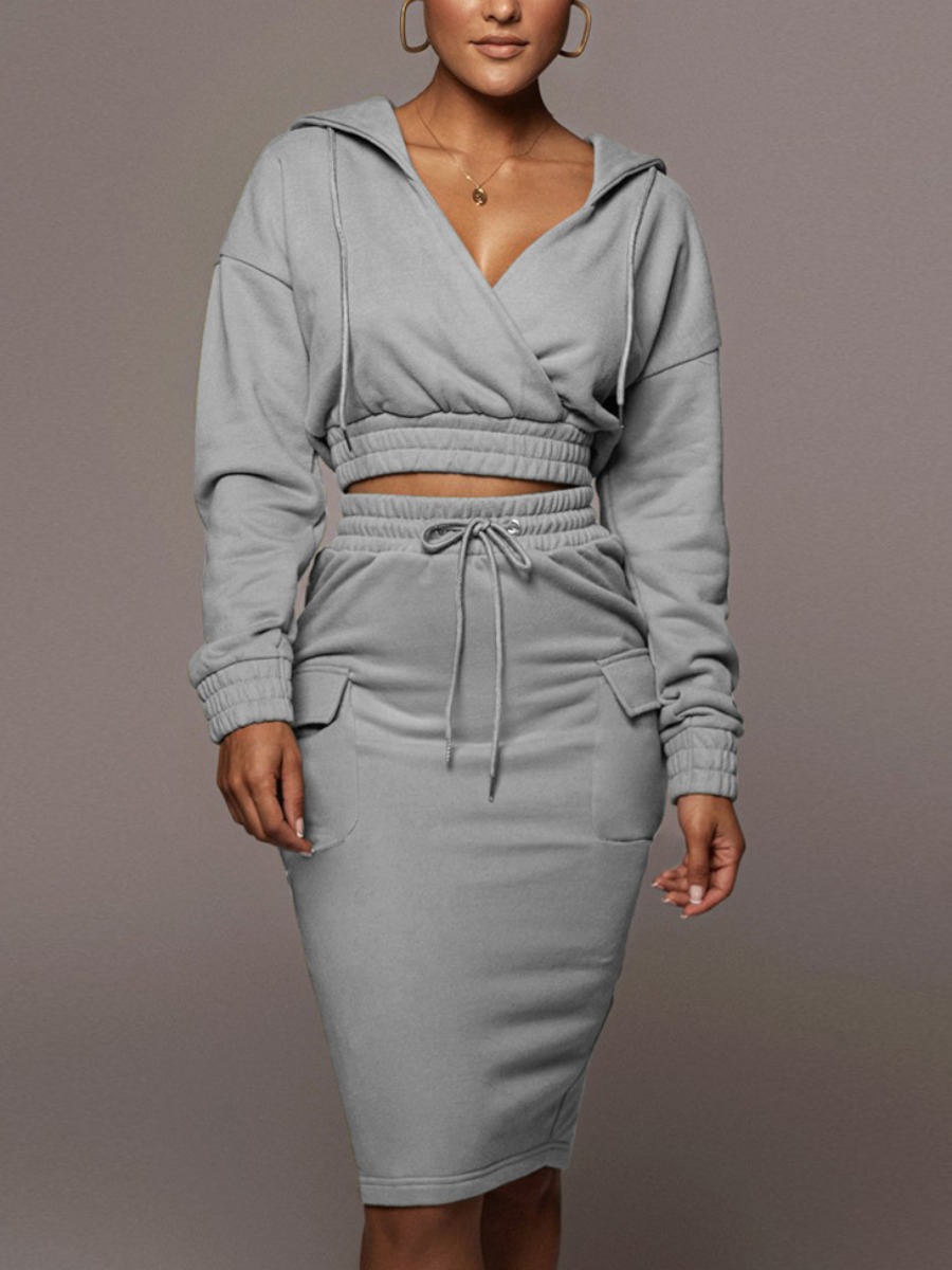 

LW Hooded Collar Drawstring Skirt Set, Grey