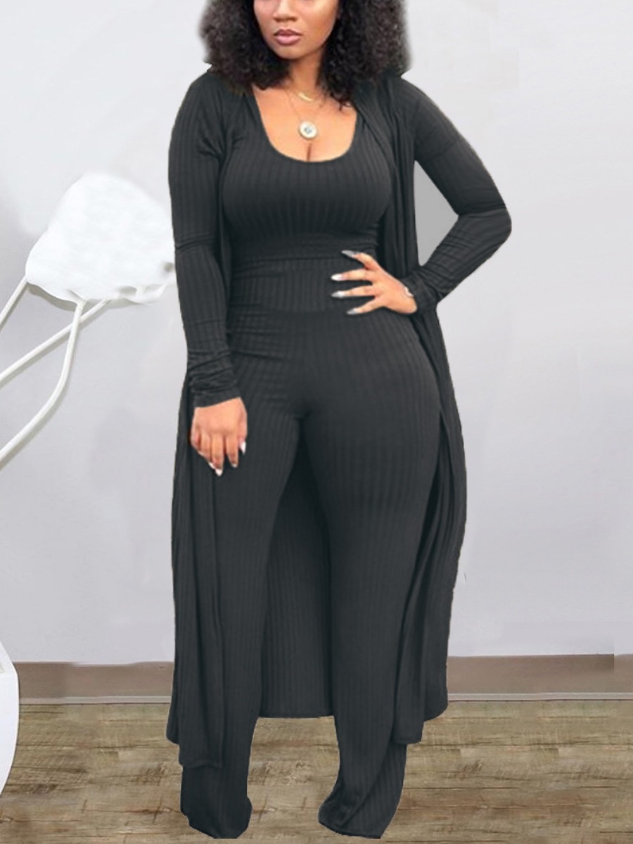 

LW BASICS Plus Size Solid Rib Knit Three Pants Set, Dark grey