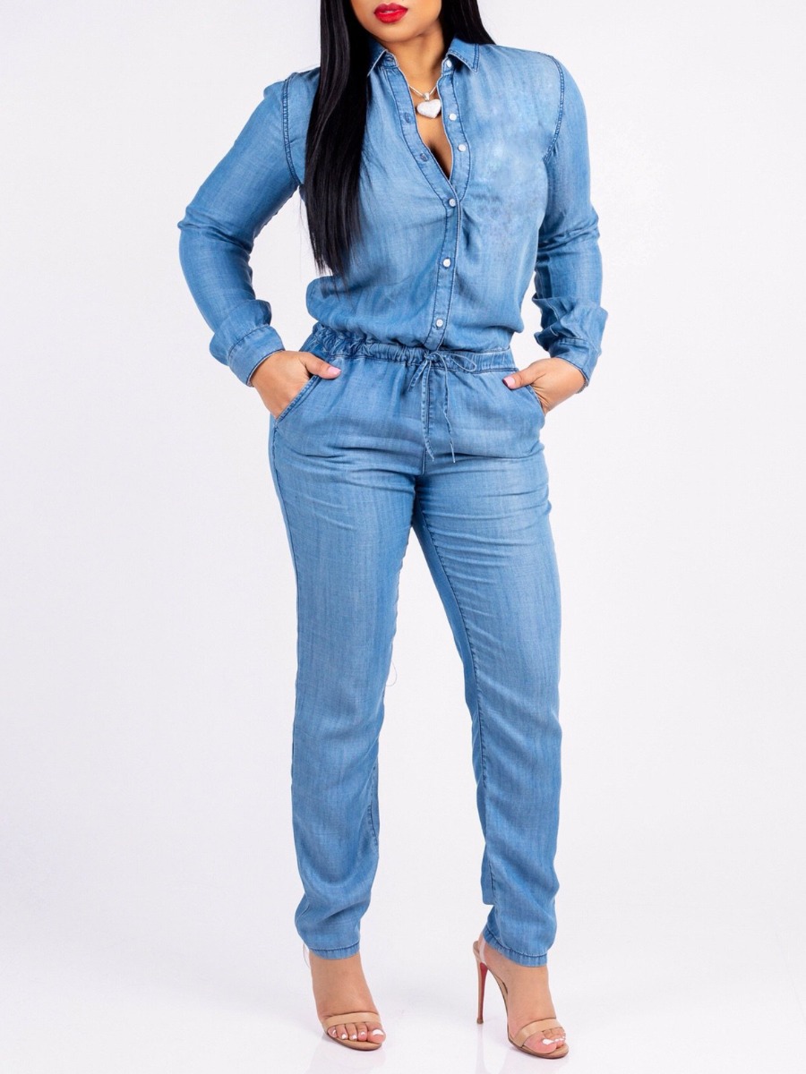 

LW Button Design Drawstring Denim Jumpsuit, Blue