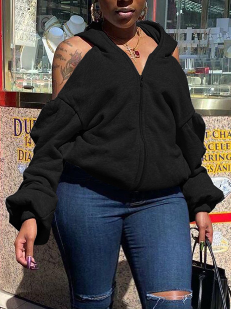 

LW Plus Size Backless Drawstring Sweat Jacket, Black