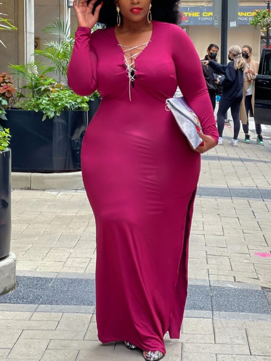

LW SXY Plus Size High Split Bandage Design Solid Dress, Rose