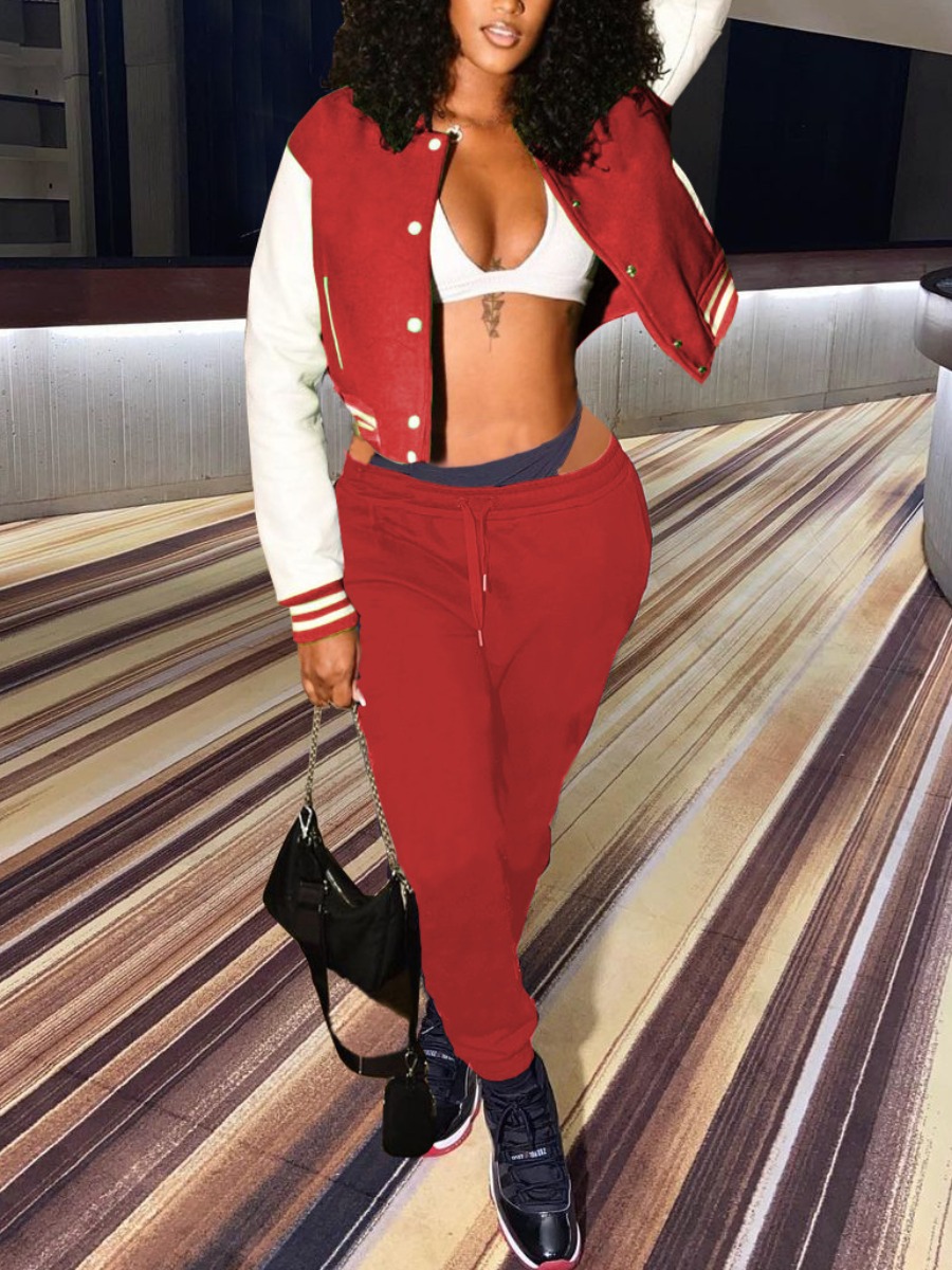 

LW Button Design Striped Patchwork Tracksuit Set, Red
