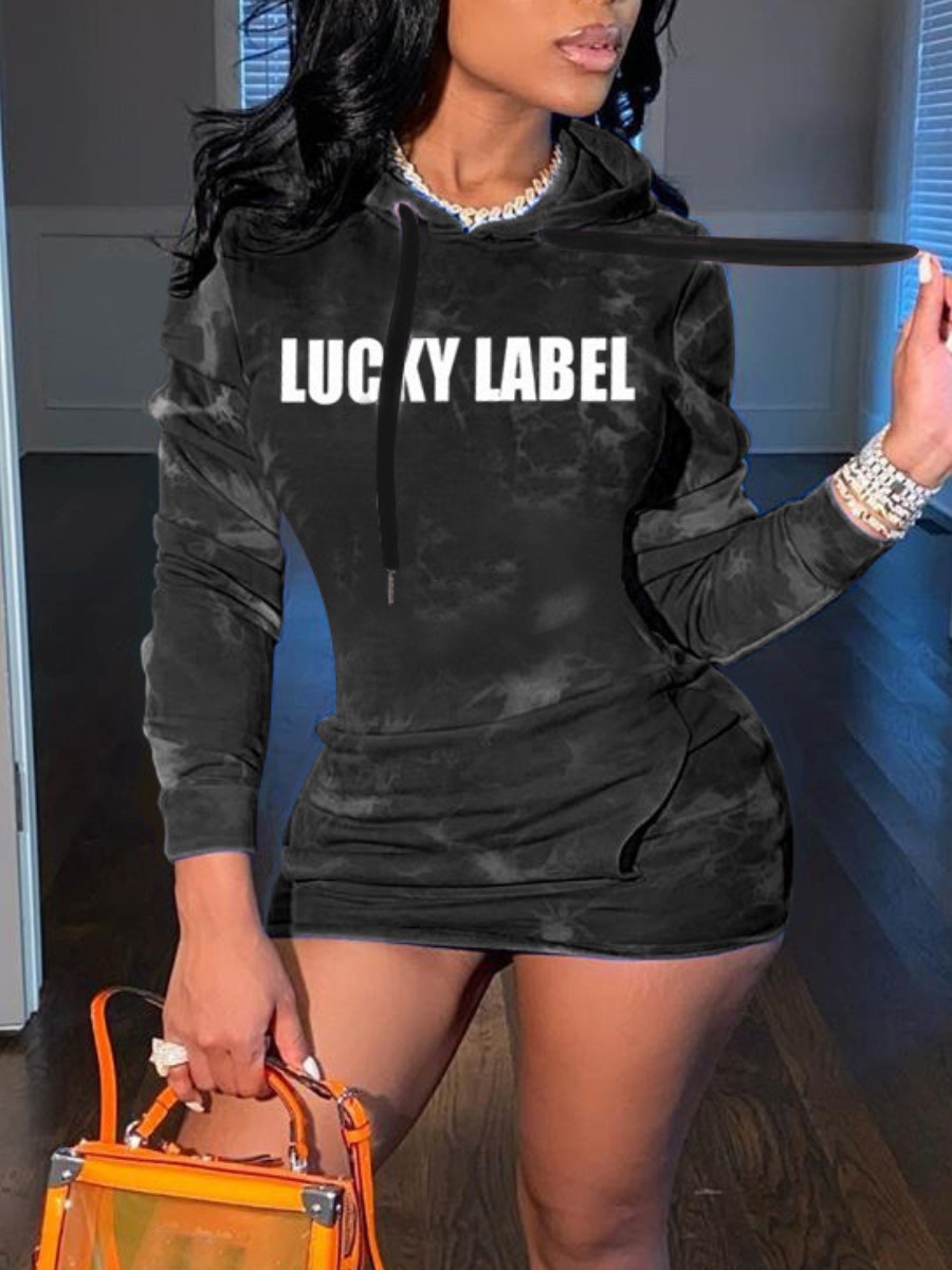 

LW Pocket Letter Print Tie Dye Sweat Dress, Black
