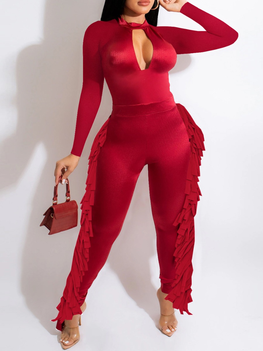 

LW SXY Zipper Back Tassel Design Jumpsuit, Red