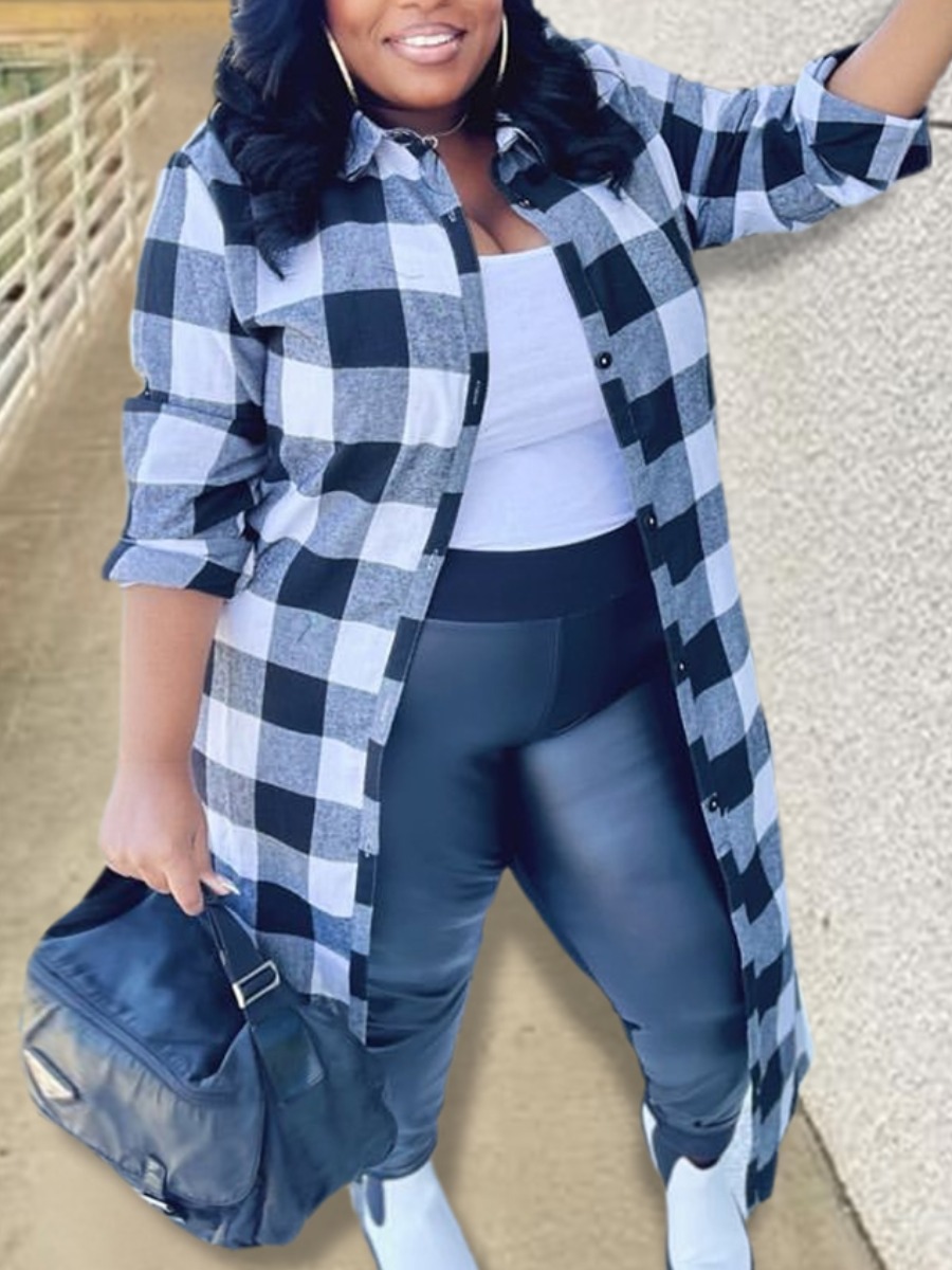 

LW Plus Size Plaid Print Trench Coat, White