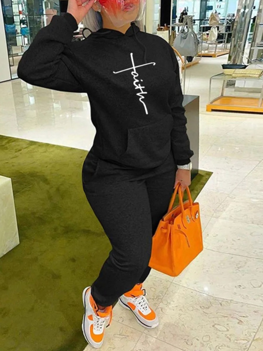

LW Plus Size Letter Print Kangaroo Pocket Tracksuit Set, Black