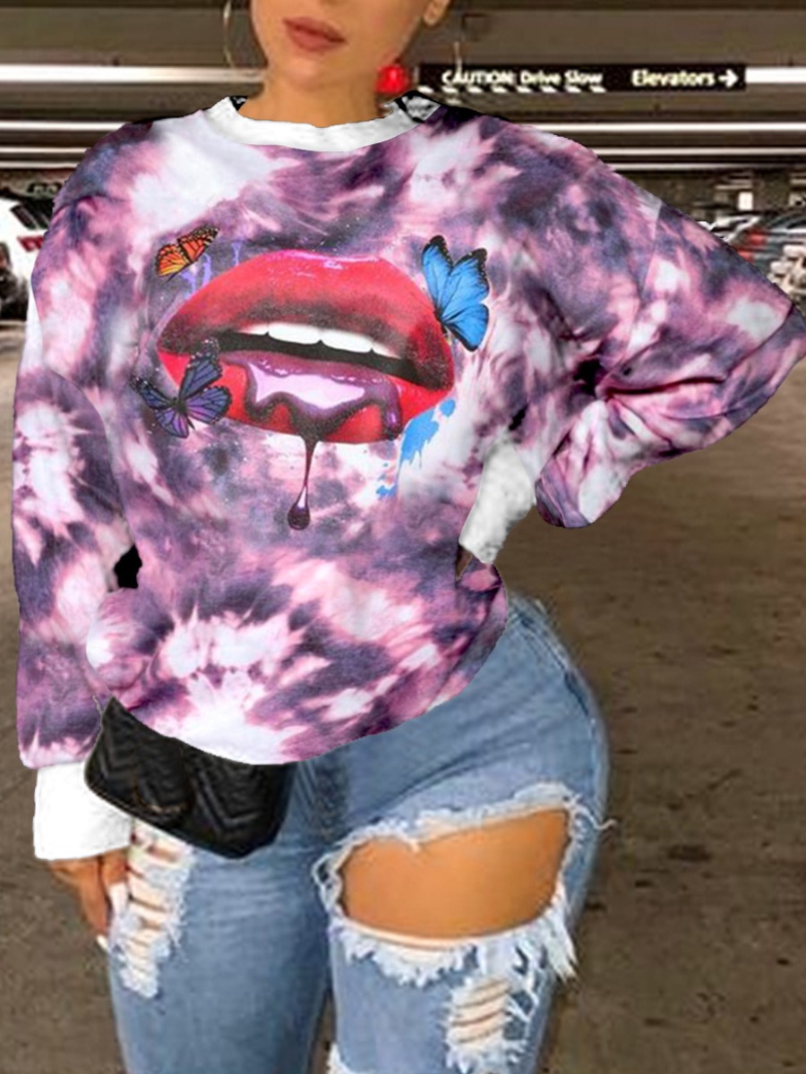 

LW Plus Size Lip Print Tie-dye Sweatshirt, Purple