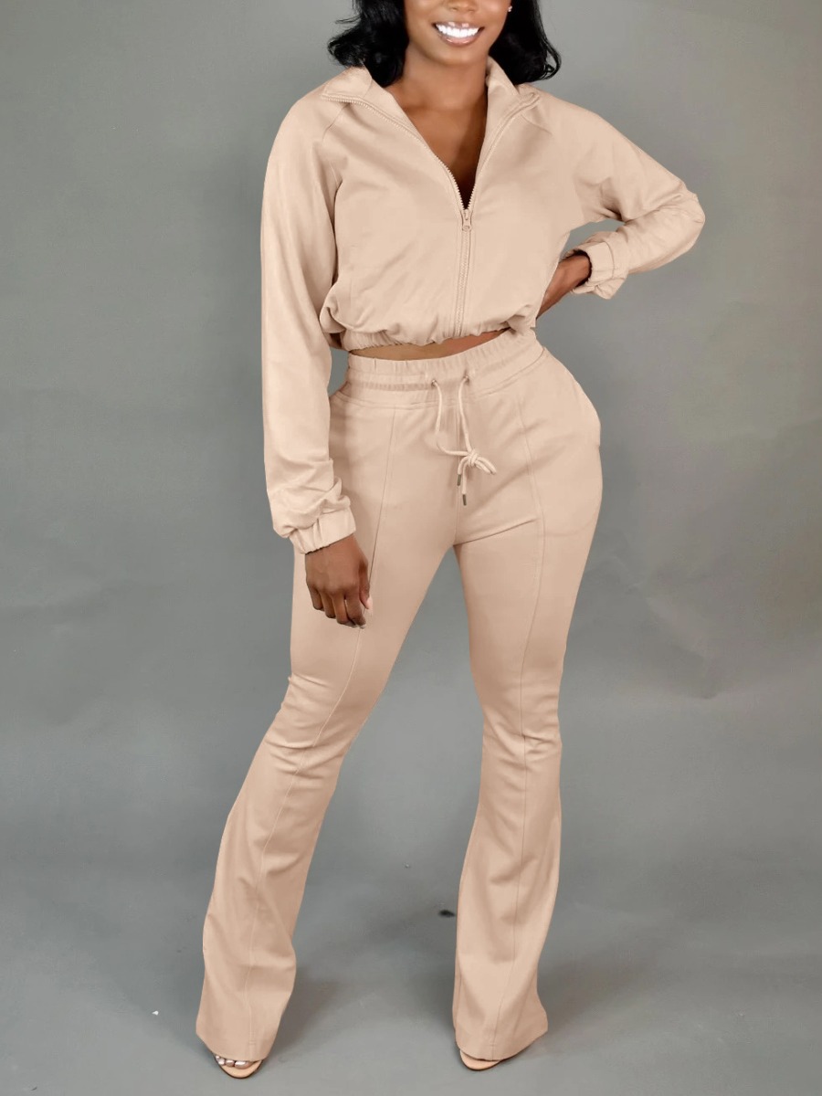 

LW Zipper Design Drawstring Flare Tracksuit Set, Apricot