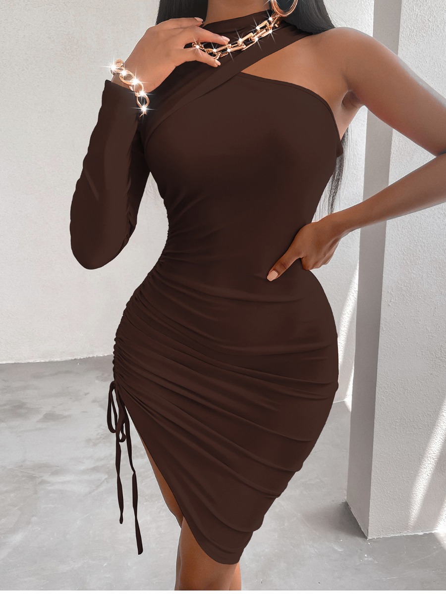 

LW SXY One Shoulder Drawstring Ruched Bodycon Dress, Brown