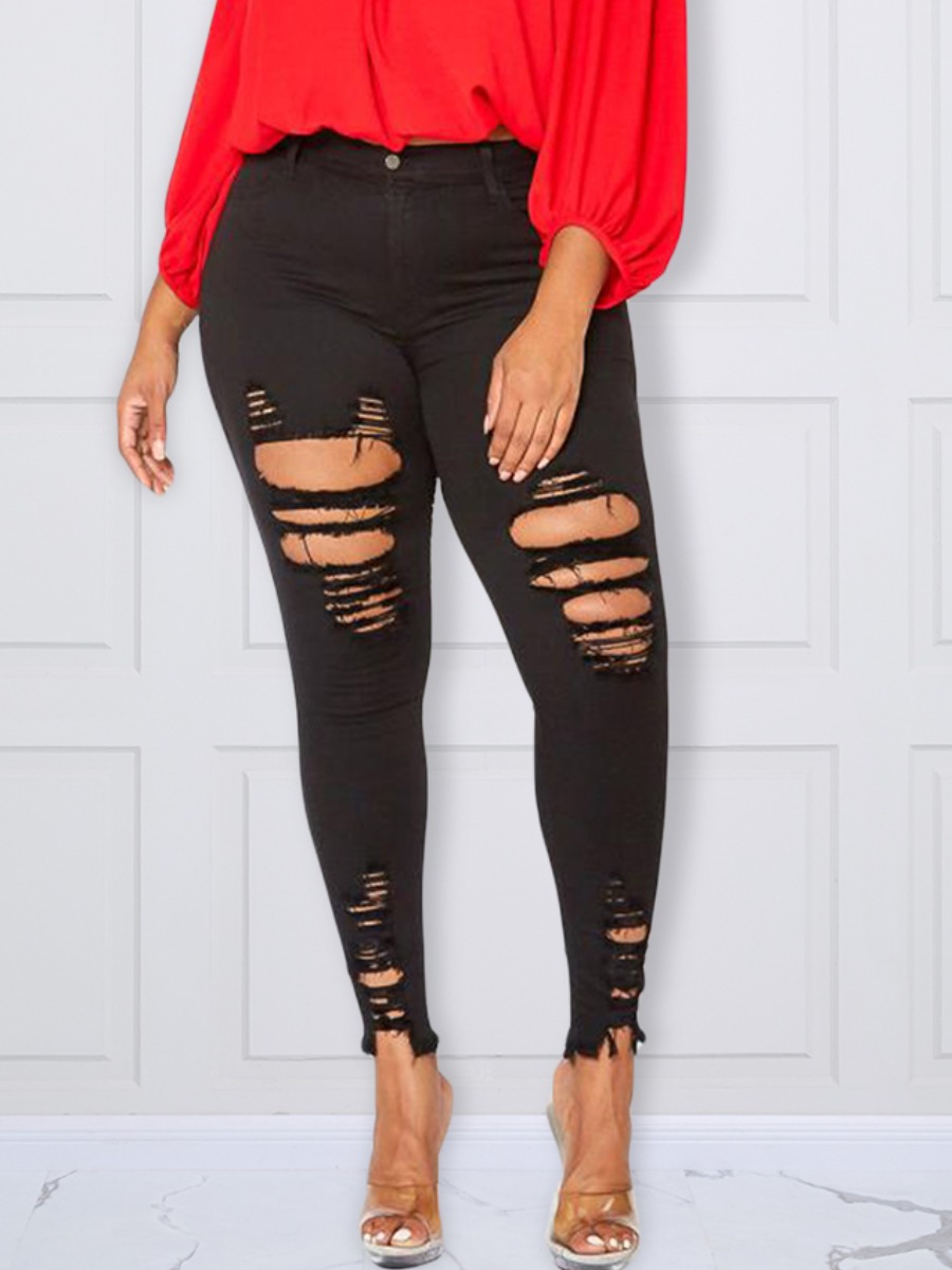 LW Raw Edge Ripped Jeans, Black