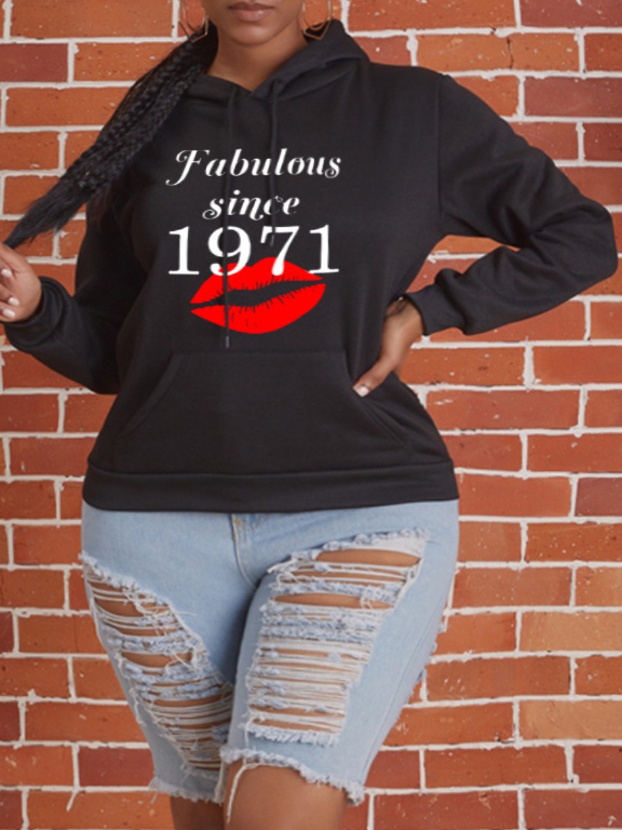 

LW Plus Size Lip Letter Print Hoodie, Black