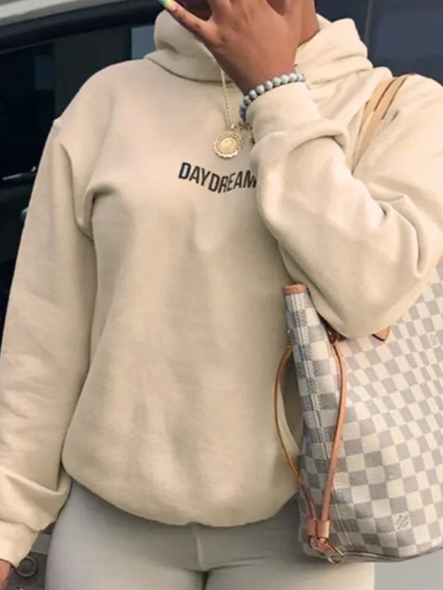 

LW Letter Print Pullover Hoodie, Apricot