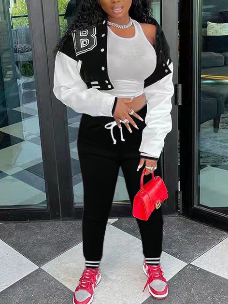 

LW Letter Print Striped Patchwork Tracksuit Set, Black