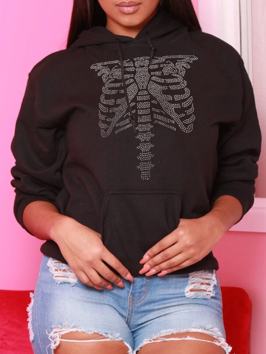 

LW Hooded Collar Pattern Print Loose Hoodie, Black