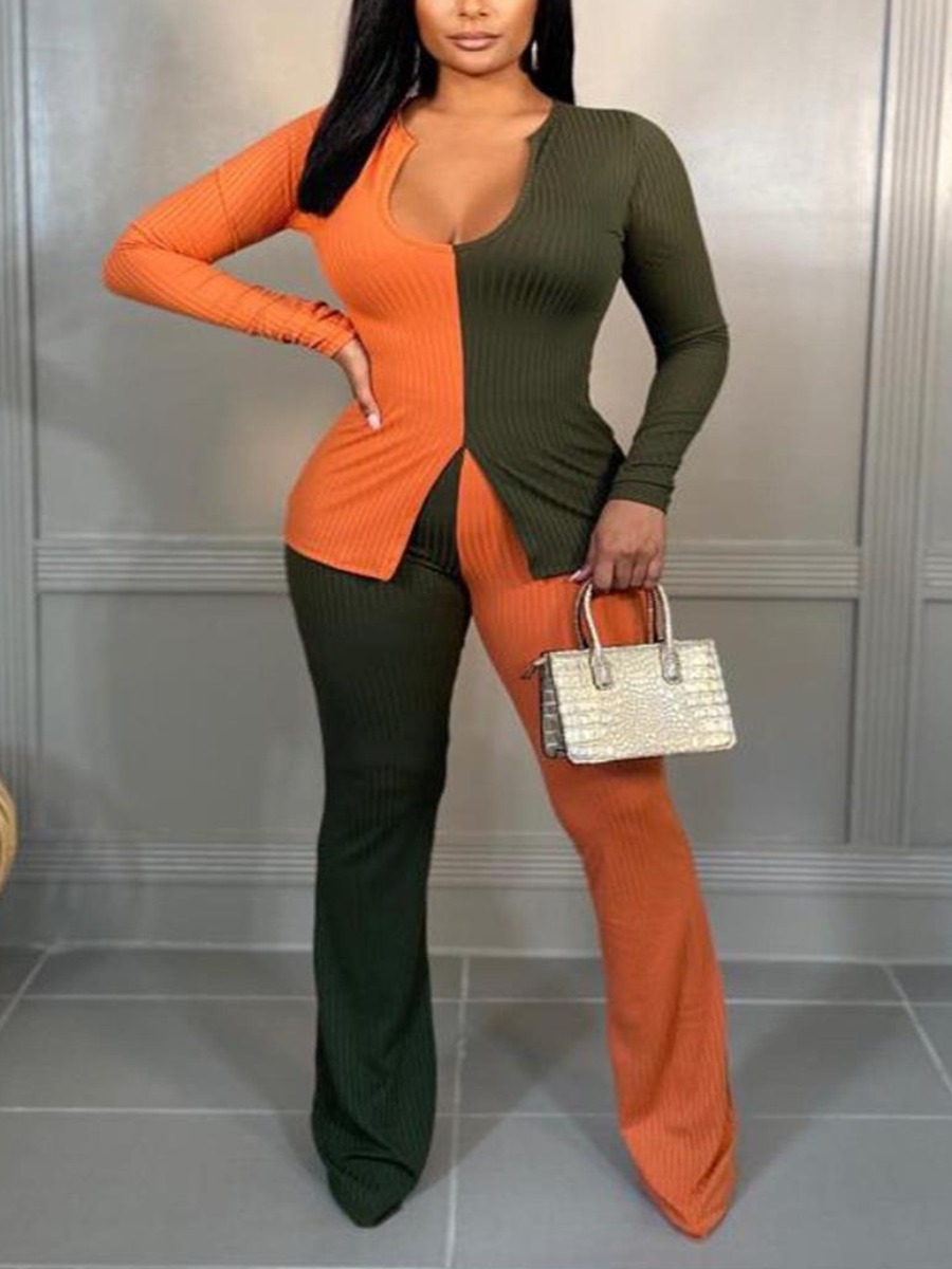 

LW Rib-Knit Front Slit Pants Set, Croci