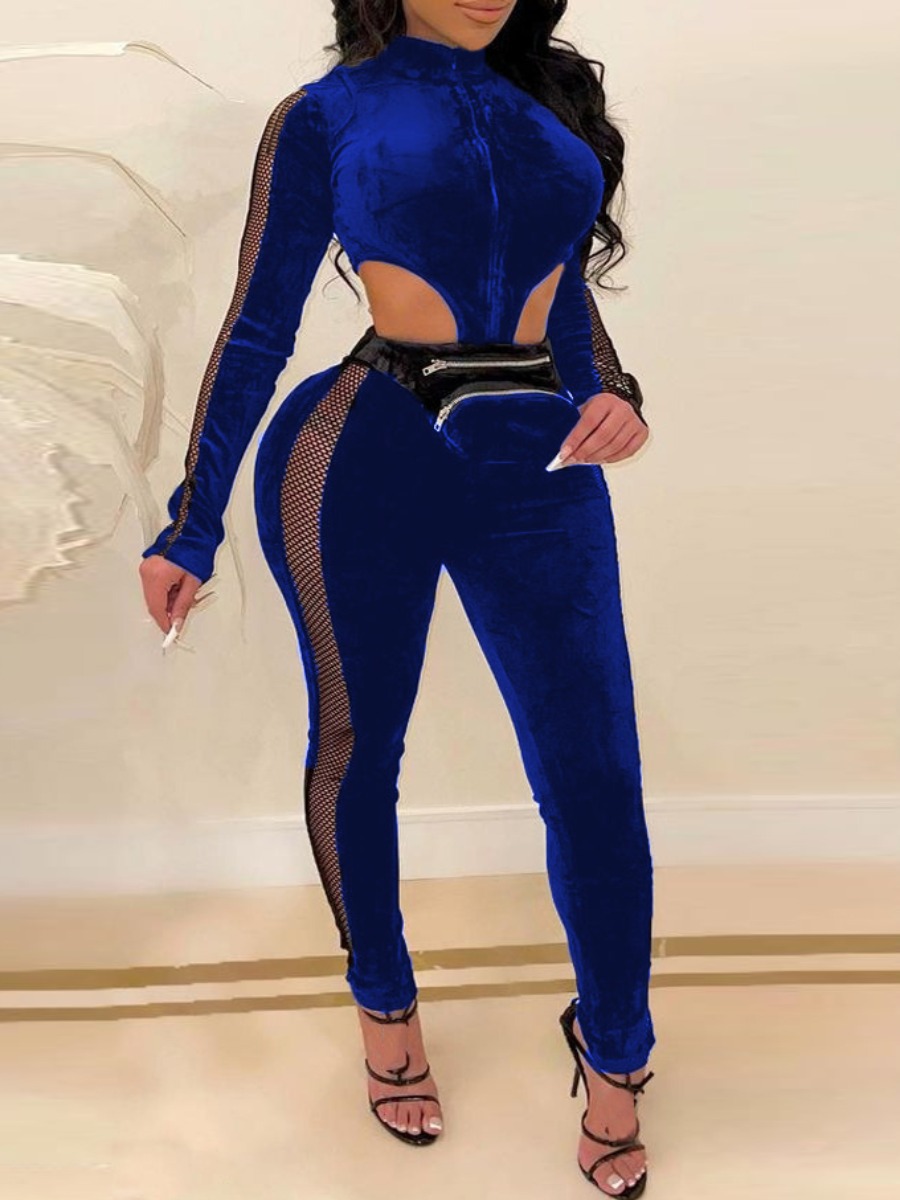 

LW SXY Velvet See-through Cut Out Skinny Jumpsuit, Blue