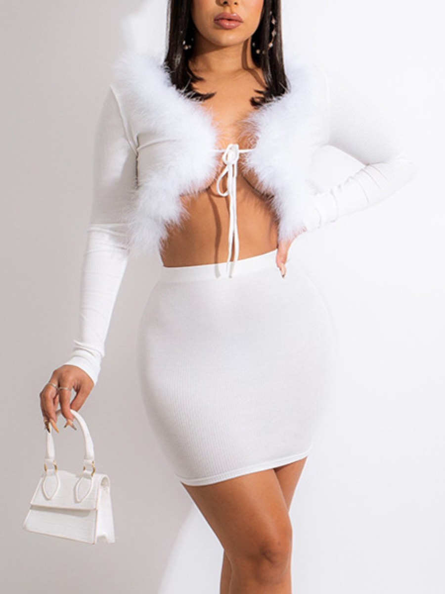 

LW SXY Faux Fur Bandage Design Skirt Set, White