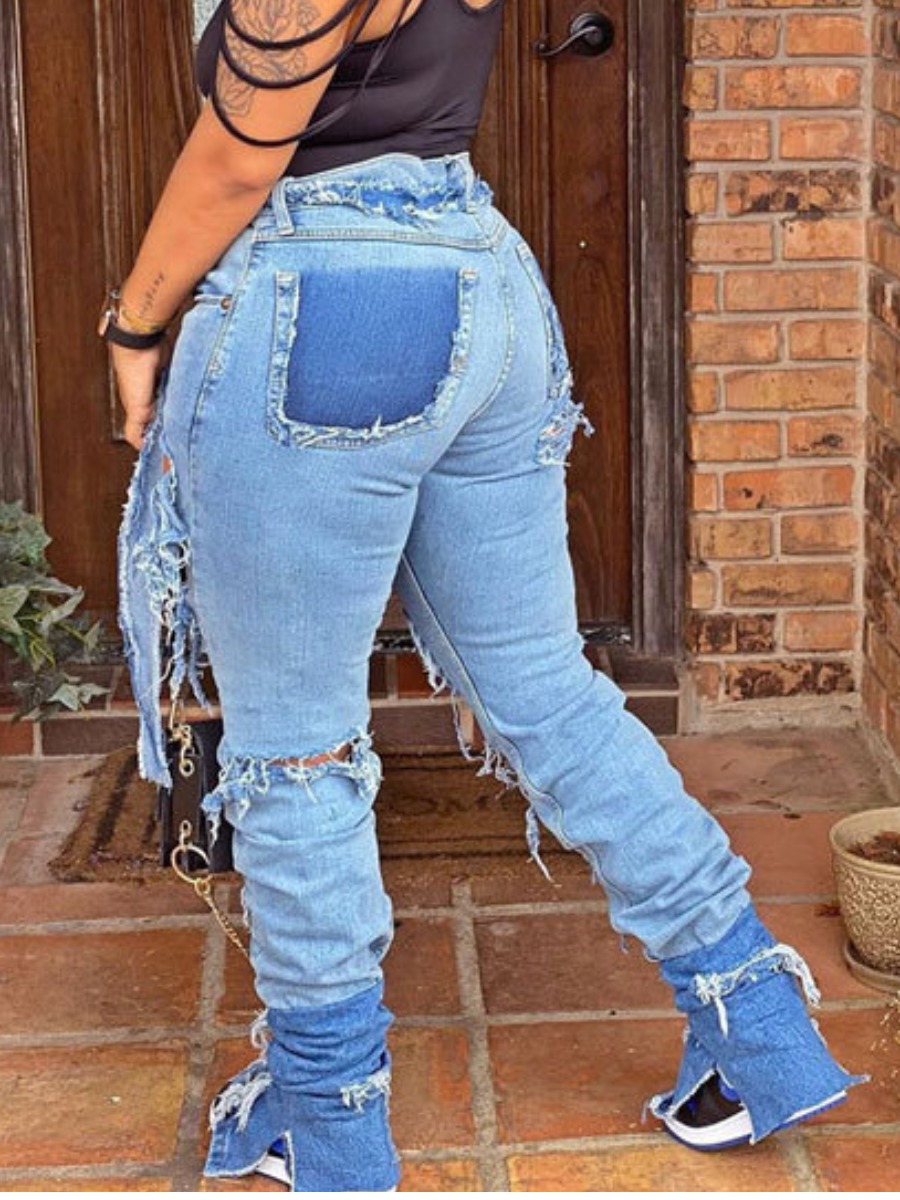 

LW Mid Waist Ripped Jeans, Blue