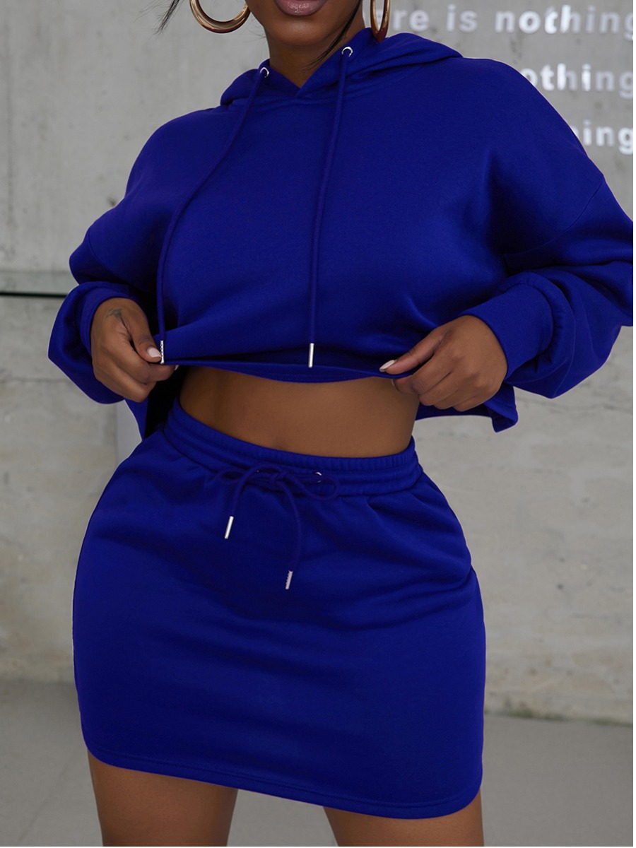 

LW BASICS Hooded Collar Drawstring Crop Top Skirt Set, Sapphir