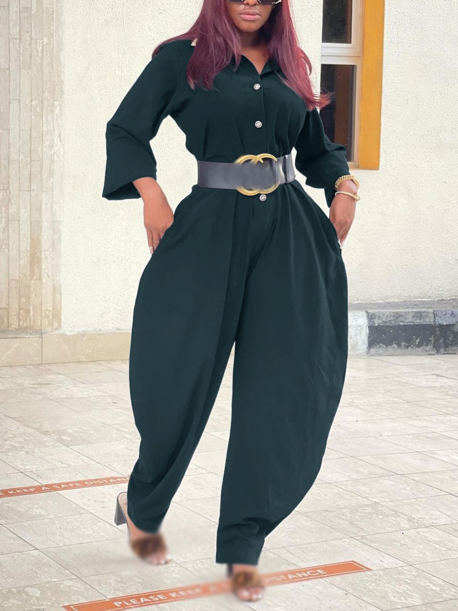 

LW Pocket Button Design Harlan Jumpsuit (Without Belt), Black green