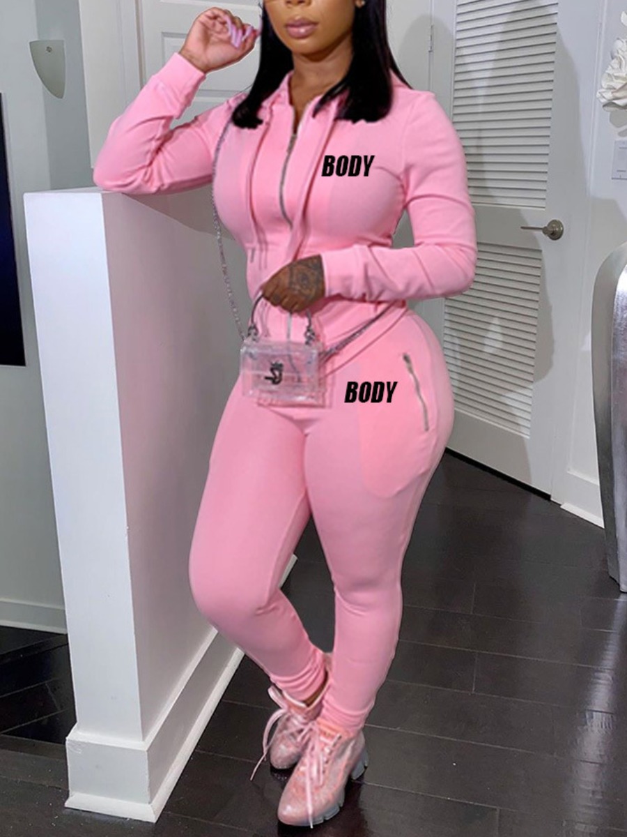 

LW Hooded Collar Letter Print Tracksuit Set, Pink