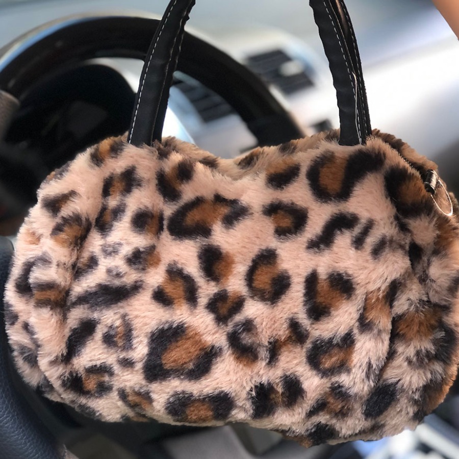 

LW Zipper Design Plush Animal Print Messenger Bag, Leopard
