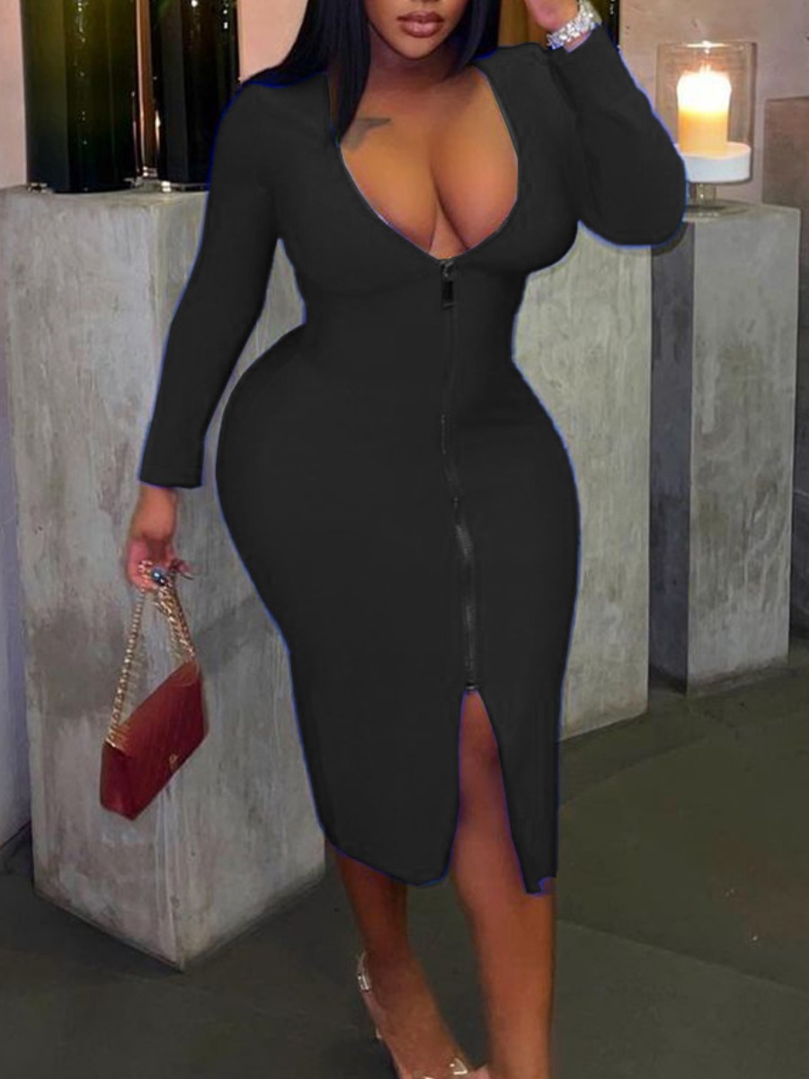 

LW SXY Plus Size Zipper Design Split Solid Bodycon Dress, Black