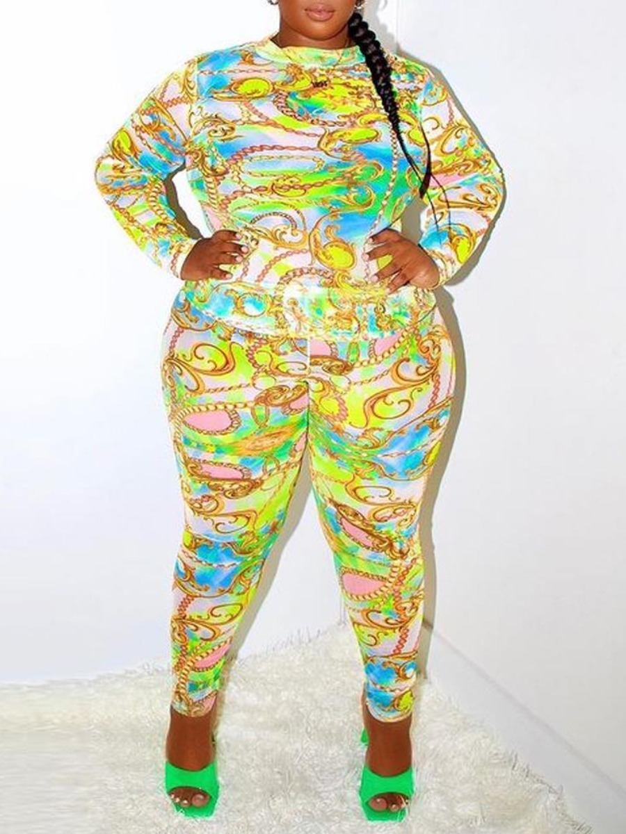 

LW Plus Size Chain Print Skinny Pants Set, Yellow