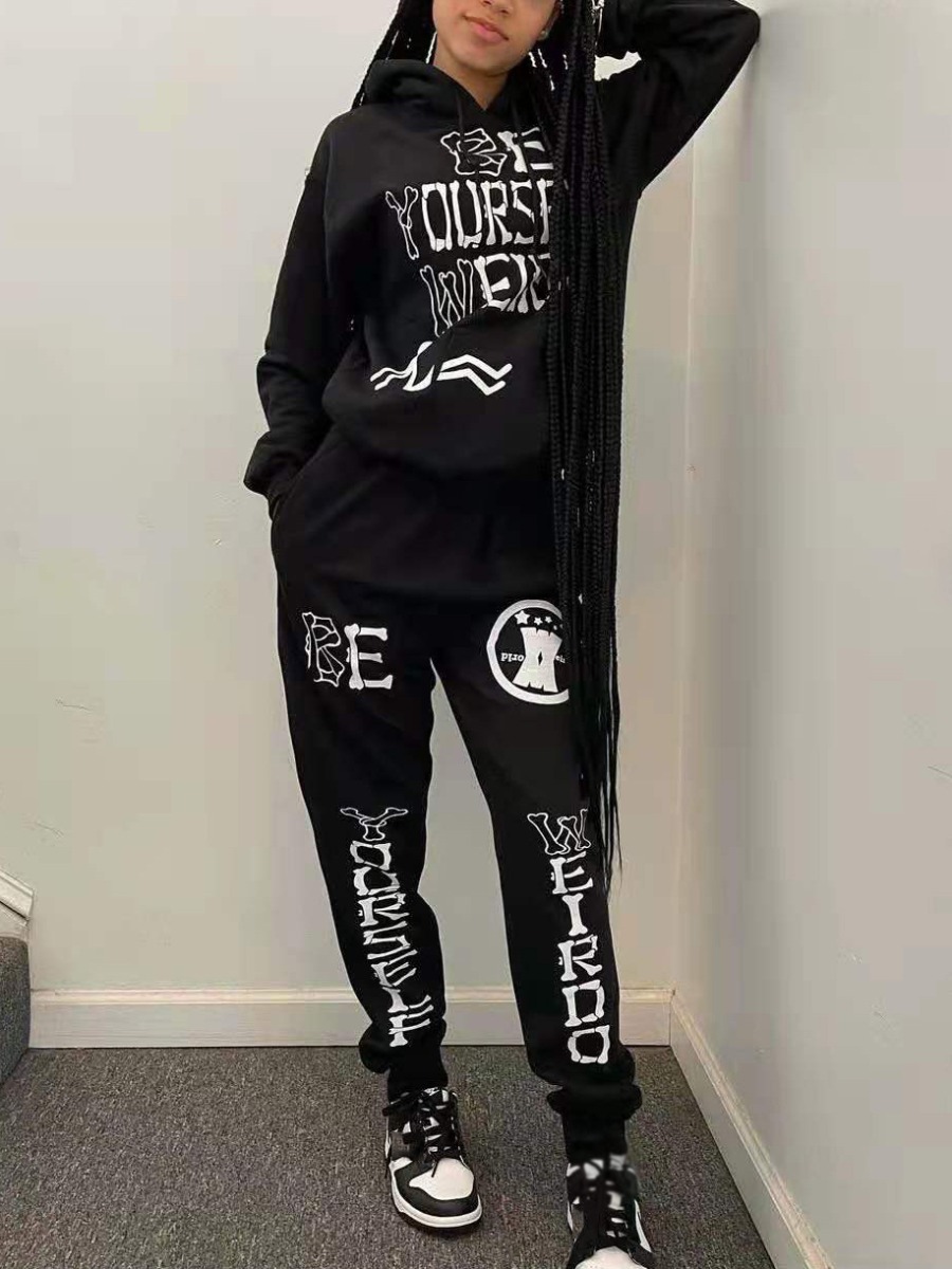 

LW Sweat Letter Print Pocket Design Tracksuit Set, Black