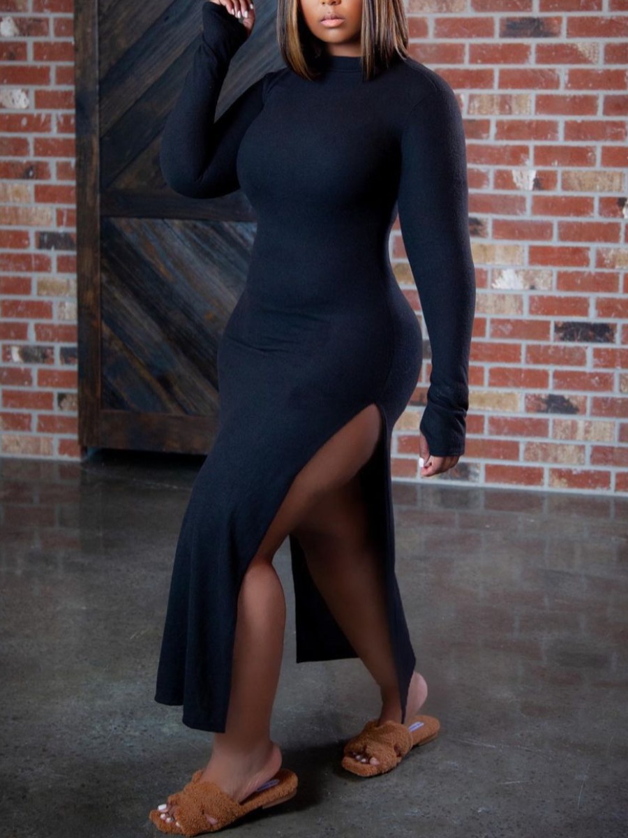 

LW SXY Round Neck Side Slit Bodycon Dress, Black