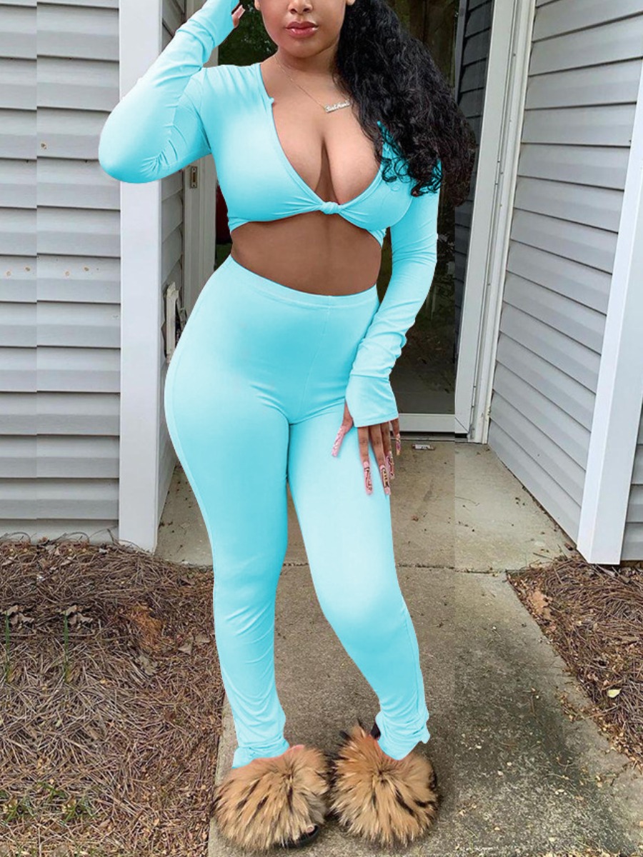 

LW SXY Knotted Solid Crop Top Pants Set, Skyblue