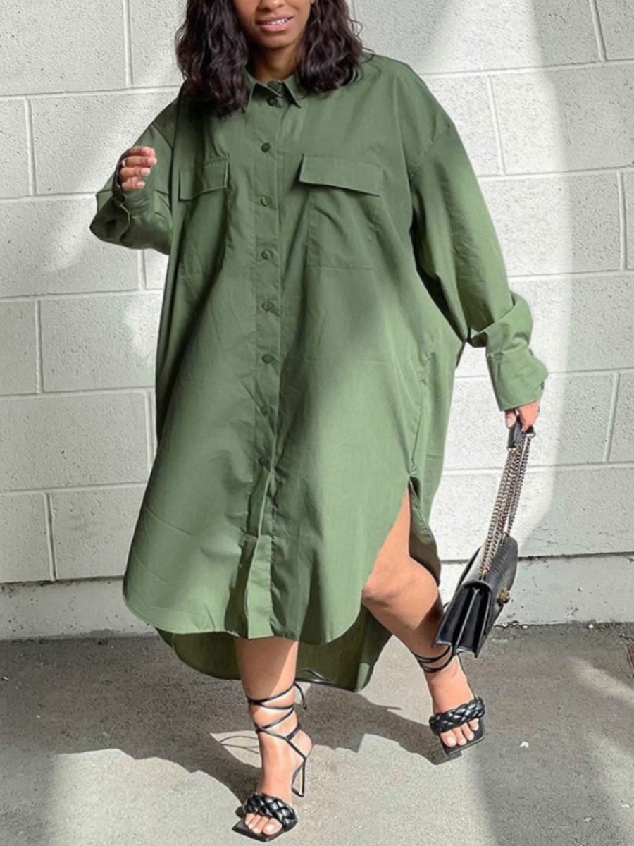 

LW Plus Size Pocket Button Design Shirt Dress, Army green