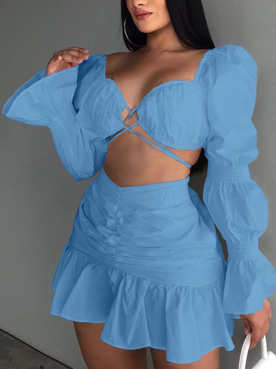 

LW SXY Lantern Sleeve Ruffle Hem Skirt Set, Blue