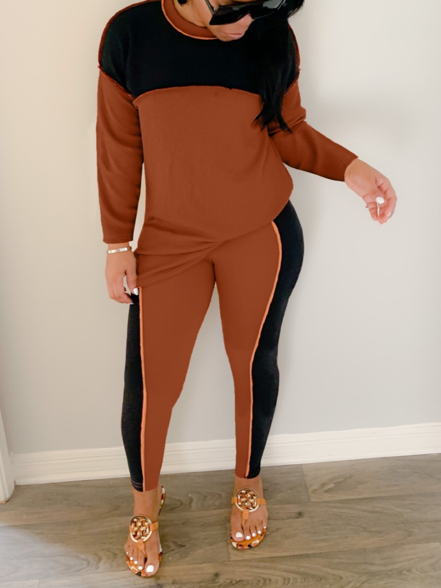

LW Round Neck Patchwork Pants Set, Brown