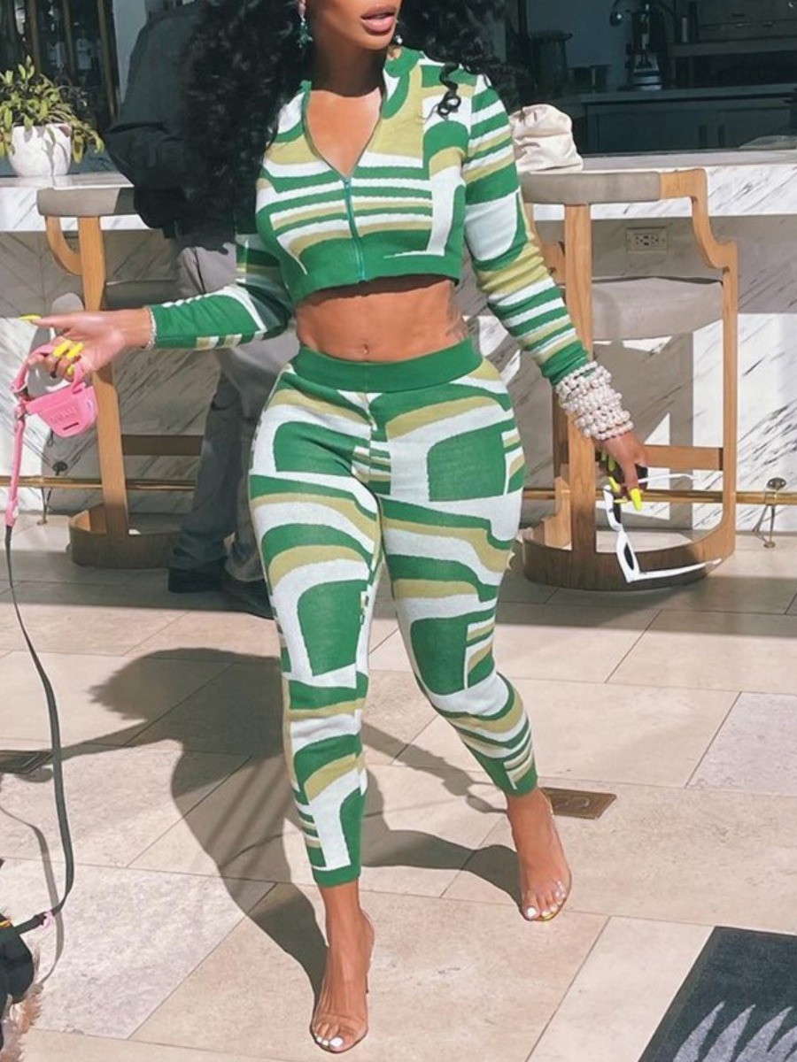 

LW Mixed Print Crop Top Pants Set, Green