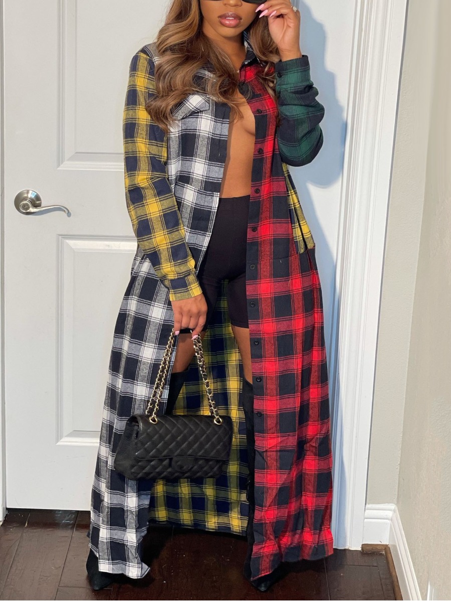 

LW Button Design Plaid Print Trench Coats, Multicolor lattices