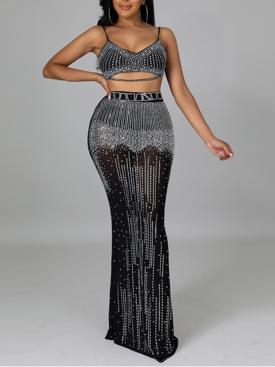 

LW SXY Sequined See-through Skirt Set, Black