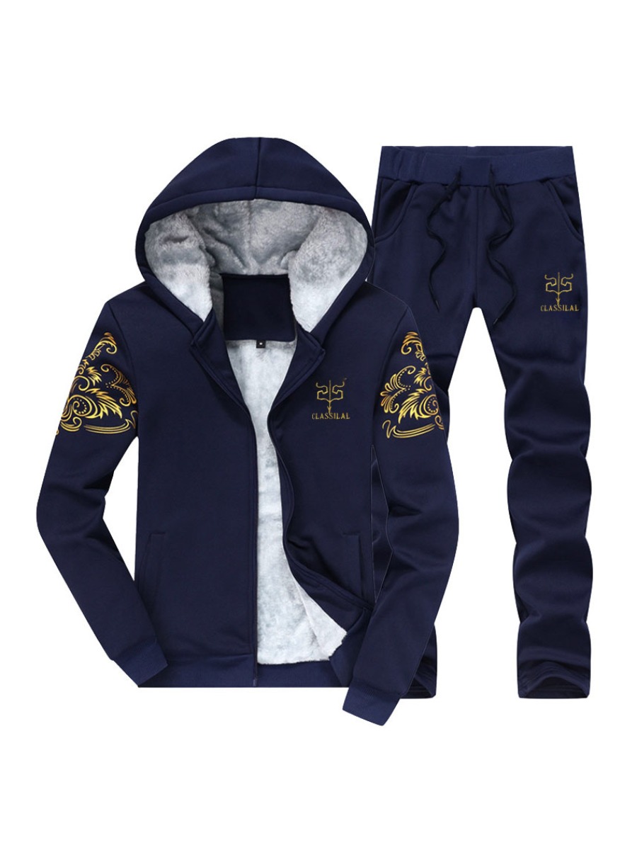 

LW Men Letter Print Zip Up Pants Set, Deep blue