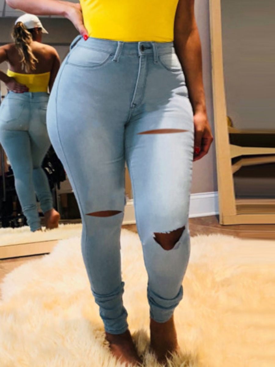 

LW Plus Size High-waisted Stretchy Ripped Jeans, Baby blue
