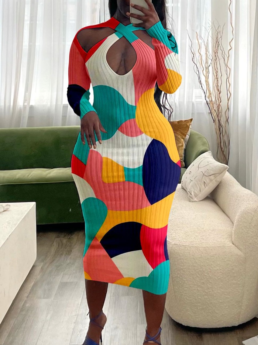 

LW Cut Out Design Patchwork Bodycon Dress, Multi