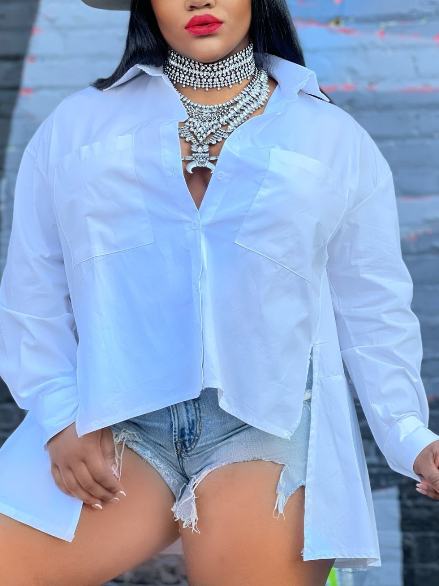 

LW Asymmetrical Split Loose Solid Shirt, White