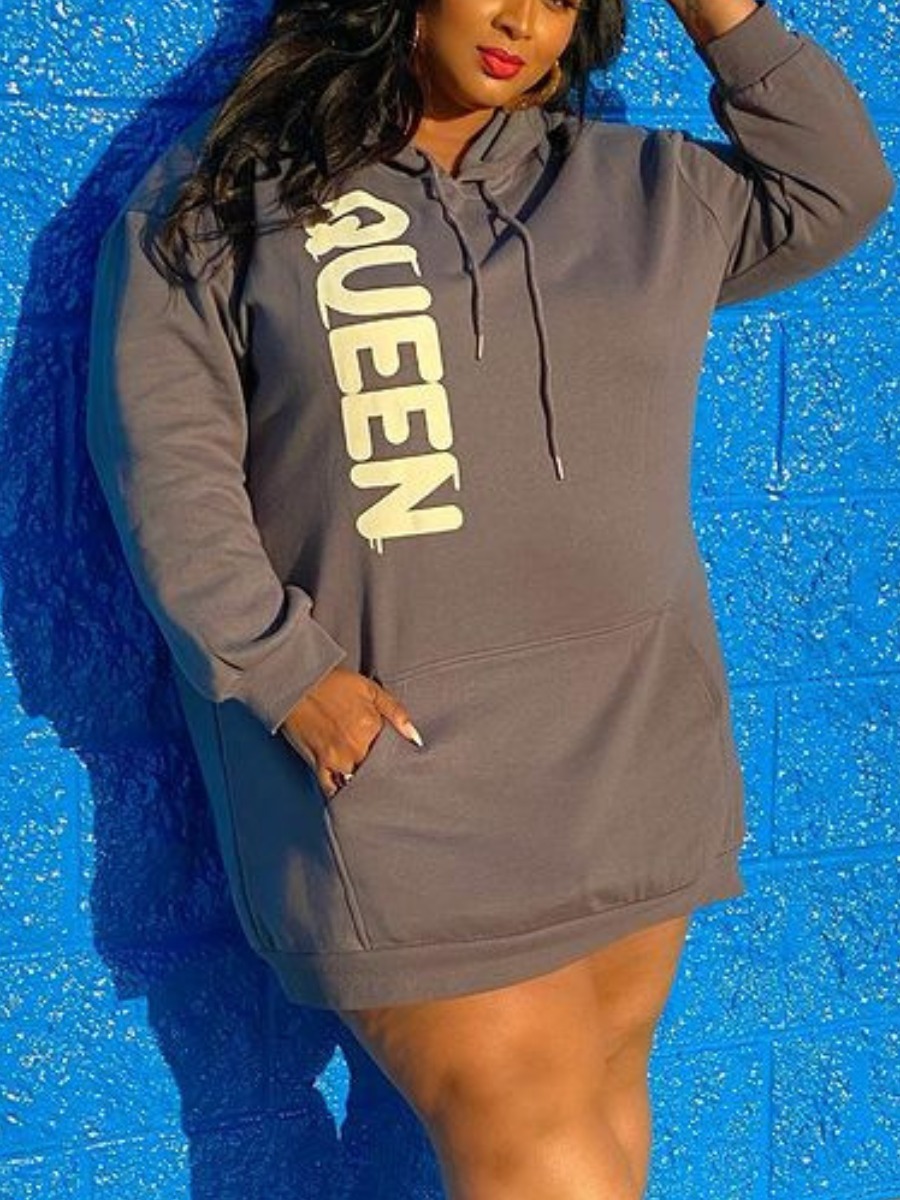 

LW Plus Size Sweat Pocket Design Letter Print Dress, Grey