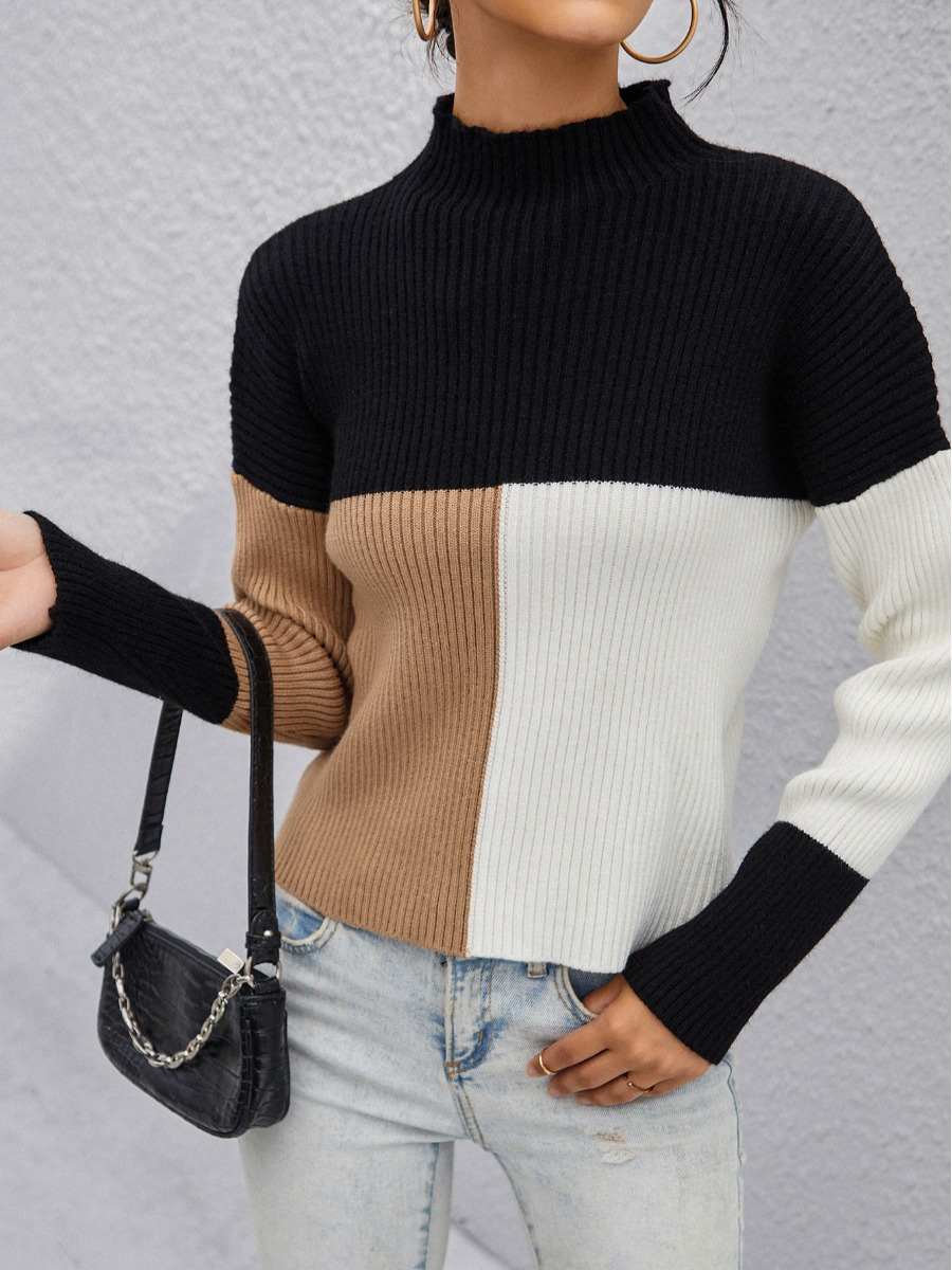 

LW Color Block Patchwork Pullover Sweater, Black