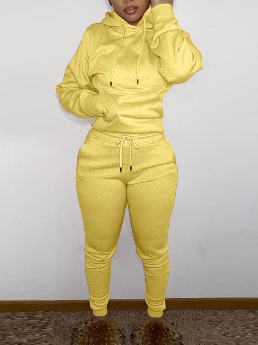 LW BASICS Hooded Collar Drawstring Tracksuit Set