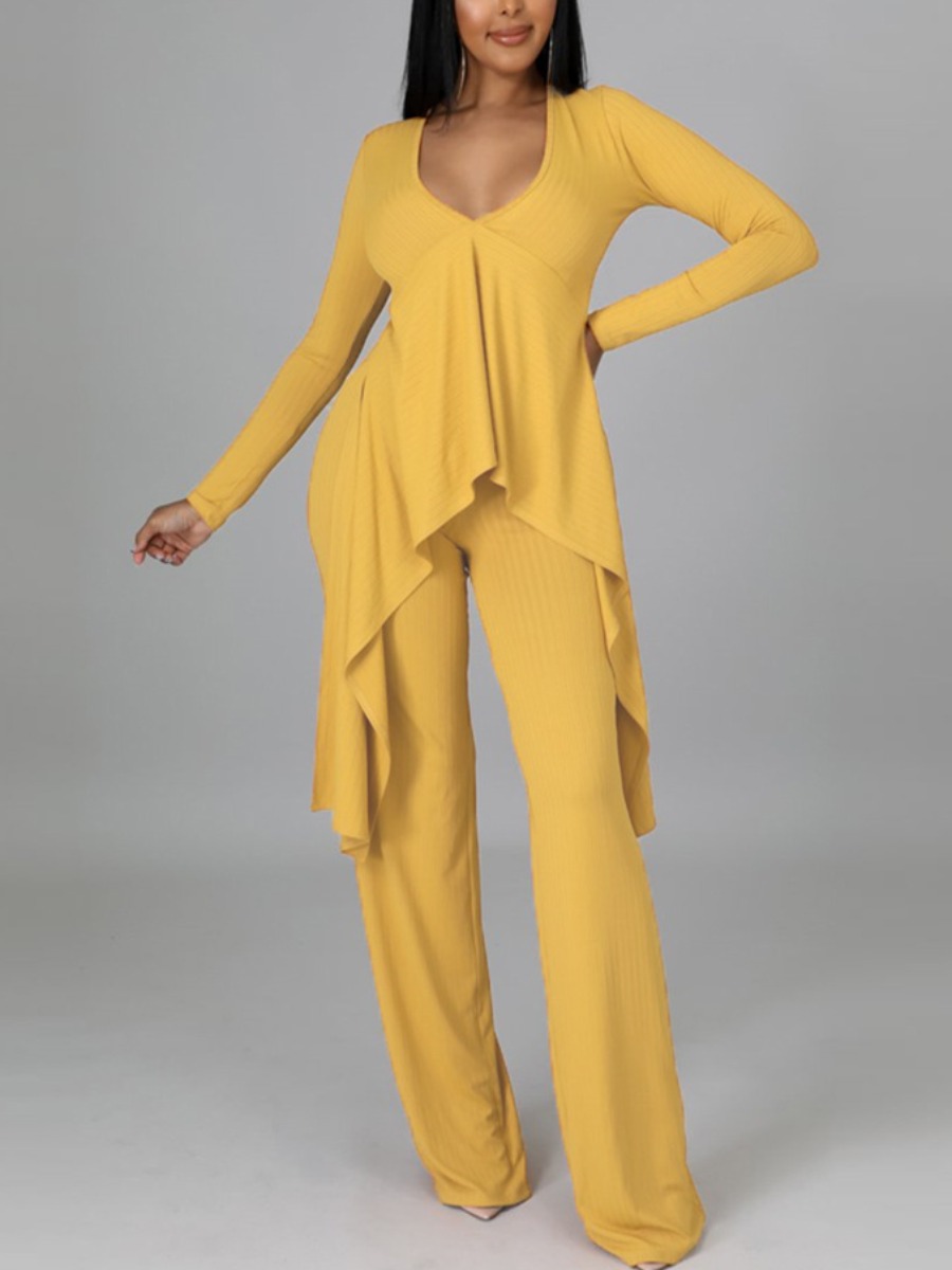 

LW Rib Knit Ruffle Hem High Low Pants Set, Yellow