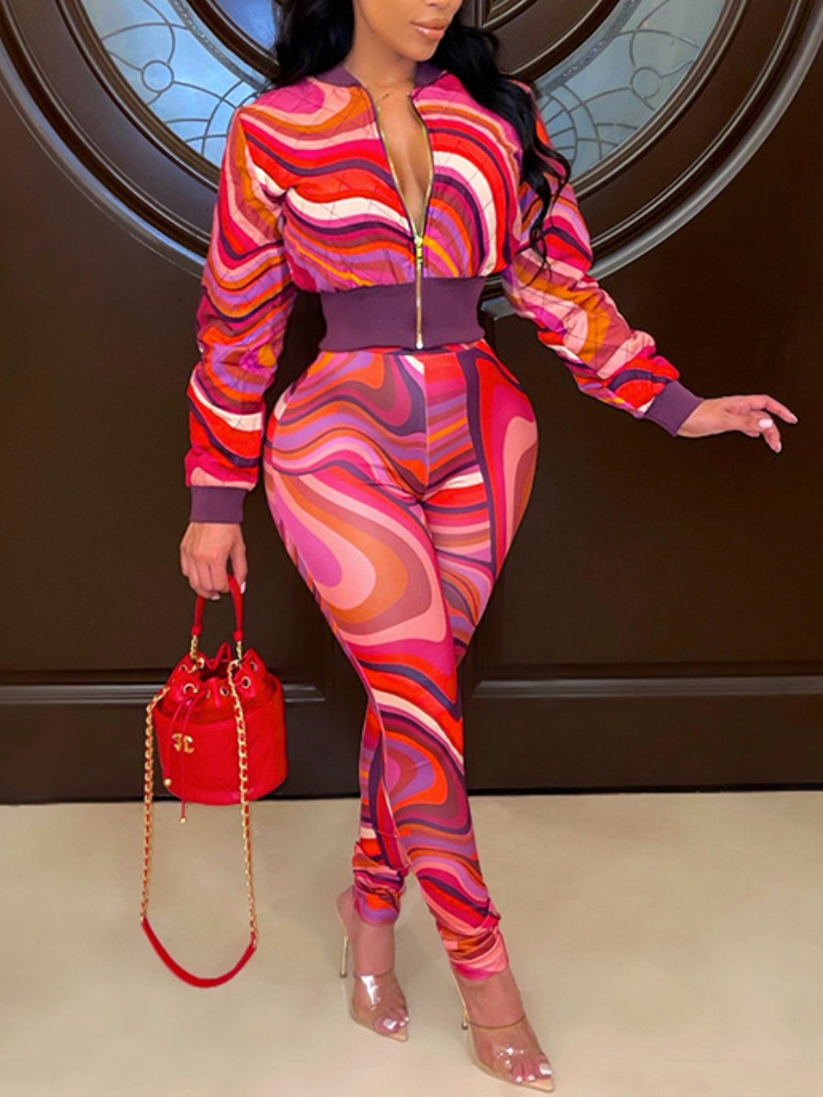 

LW Plus Size Striped Zipper Design Tracksuit Set, Rose red