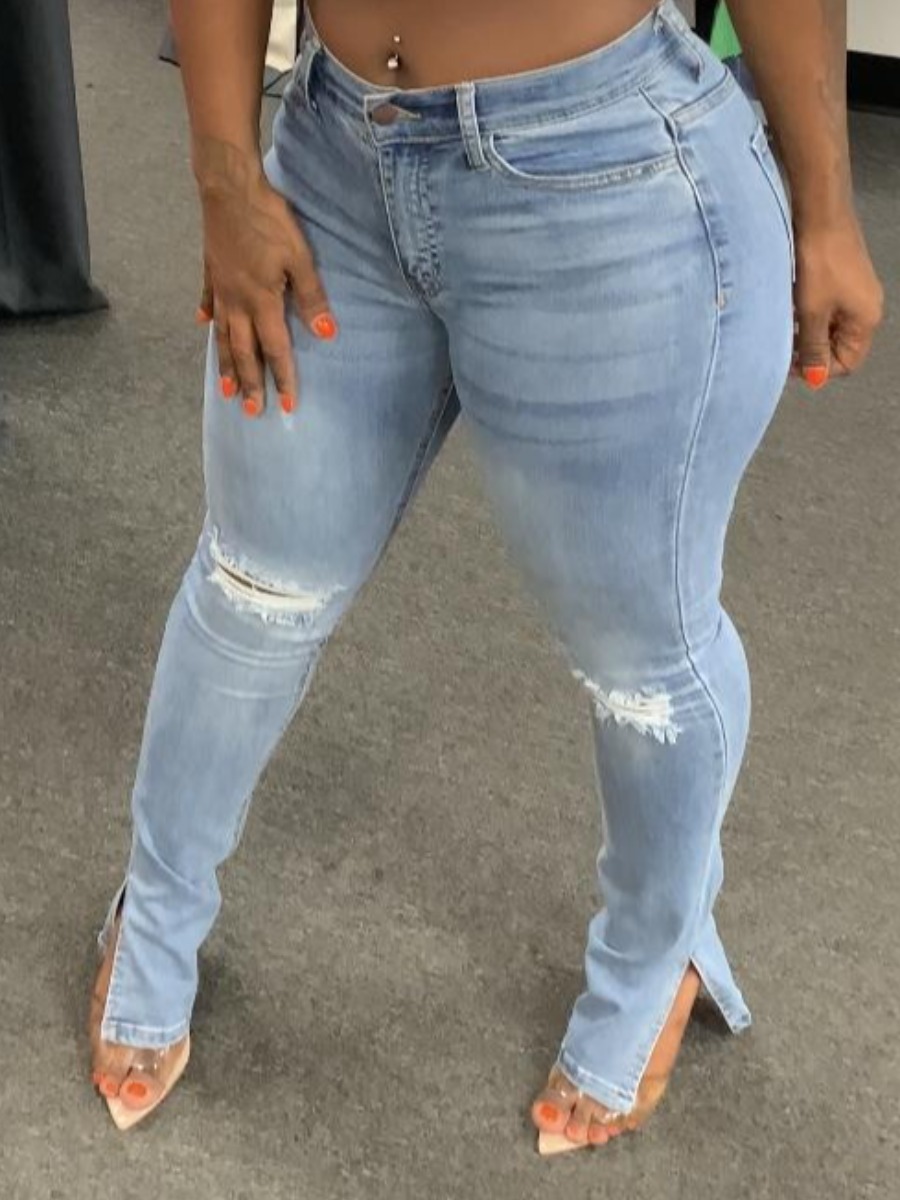 

LW Cut Out Split Solid Jeans, Baby blue