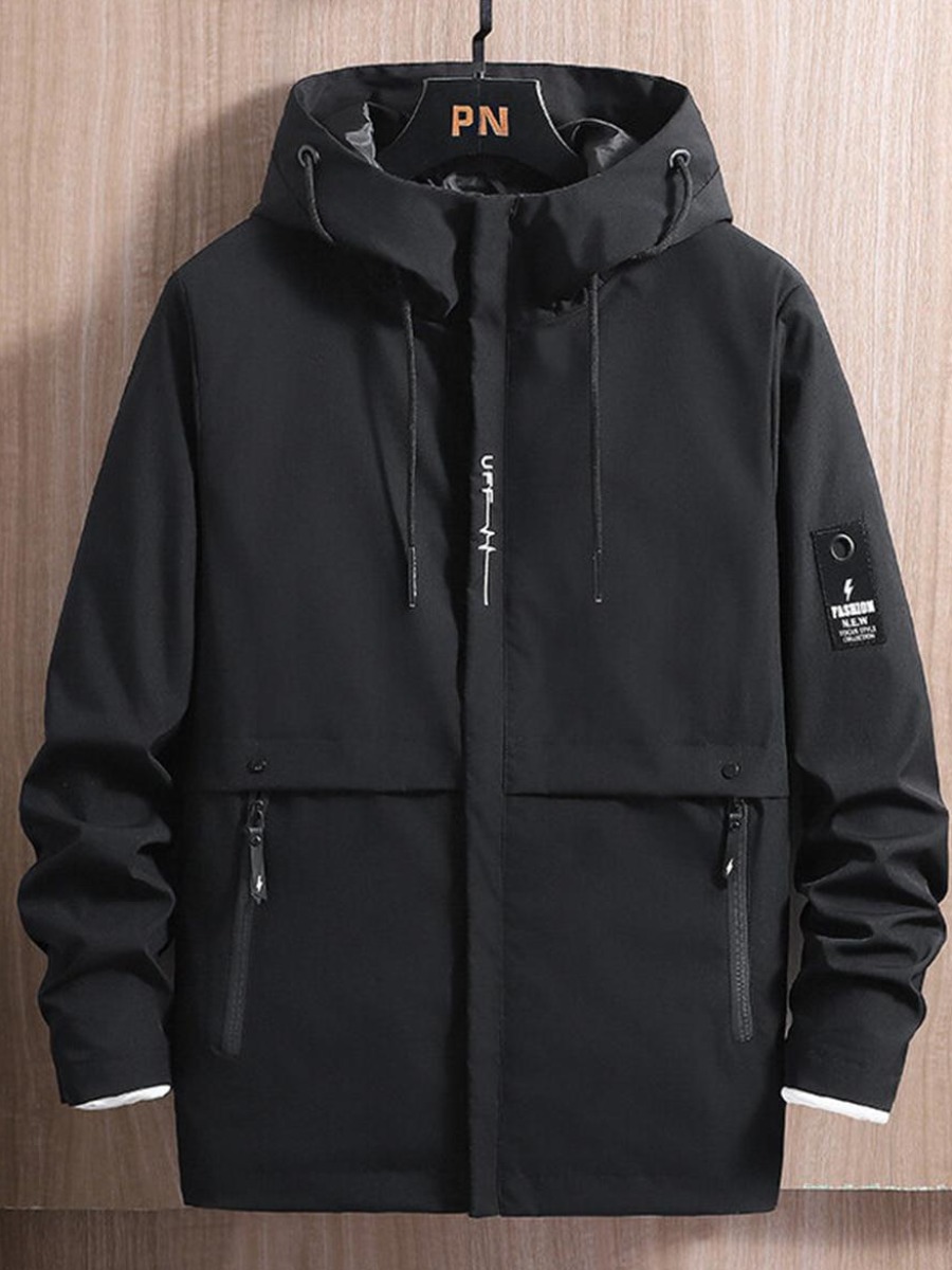 

LW Men Zipper Design Letter Patch Jacket, Black